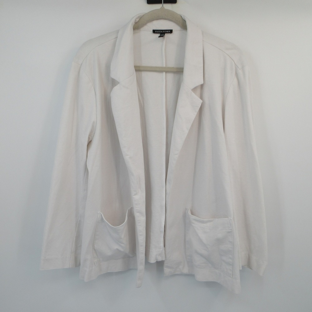 Eileen Fisher Womens XL White Organic Cotton Blend Open Front Knit Blazer Jacket